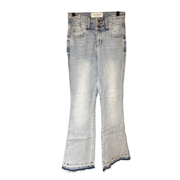 Flying Monkey Los Angeles High Rise Bootcut Flared raw hem light Wash Jeans 24 - Picture 1 of 8